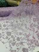 Floral Silver Beaded Fabric - Lilac - Flower Design with Silver Beads and Sequins on Lace by Yard