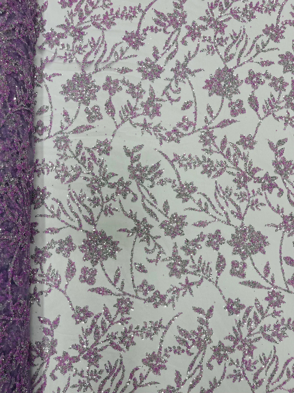 Floral Silver Beaded Fabric - Lilac - Flower Design with Silver Beads and Sequins on Lace by Yard