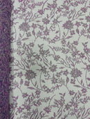 Floral Silver Beaded Fabric - Lilac - Flower Design with Silver Beads and Sequins on Lace by Yard