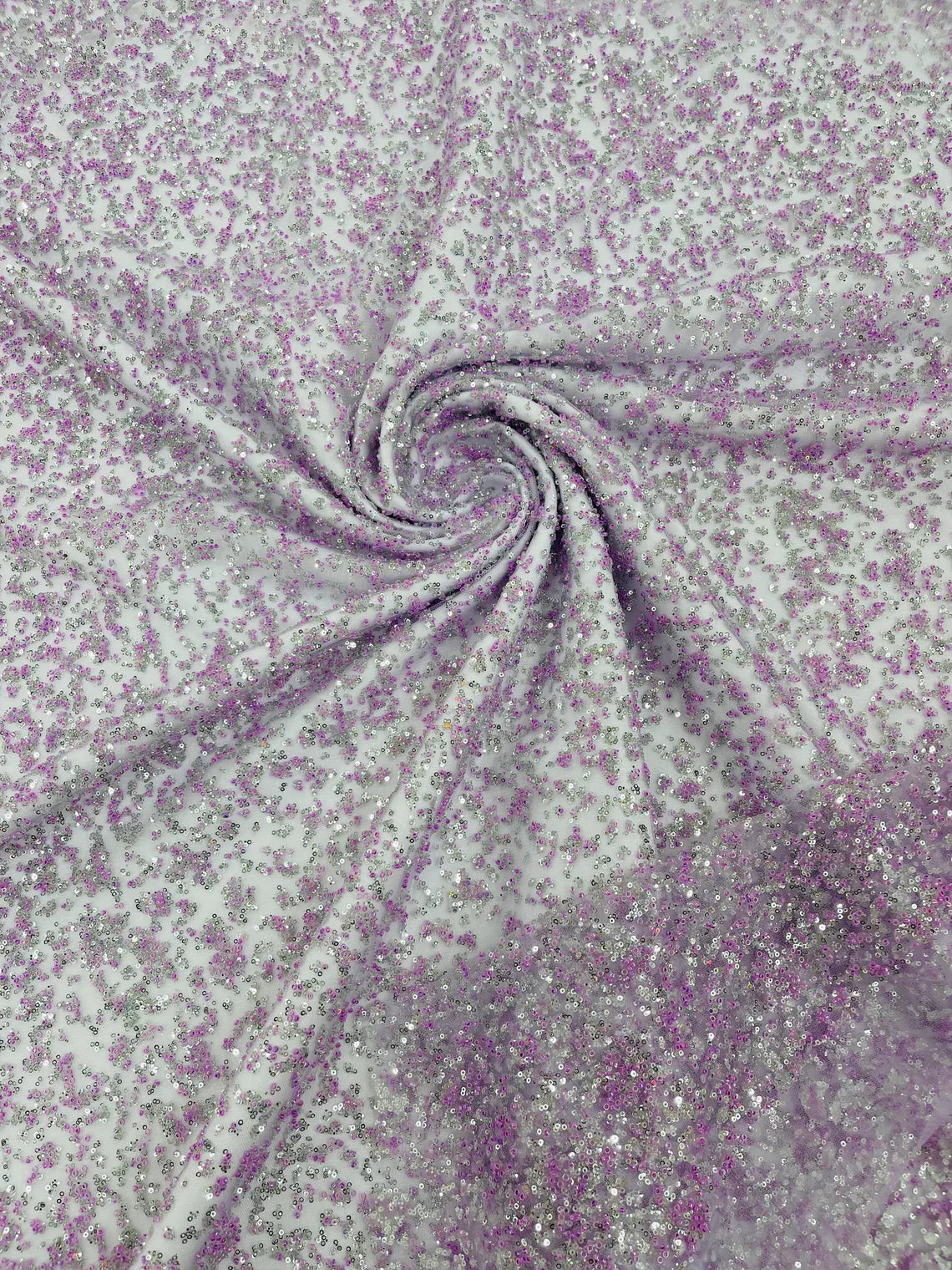 Beads and Sequins Lace - Lilac / Silver - Embroidered Beads and Sequins on Lace Mesh Fabric By Yard