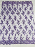 Lace Flower Cluster Fabric - Lilac - Embroidered Flower With Sequins on a Mesh Lace Fabric By Yard