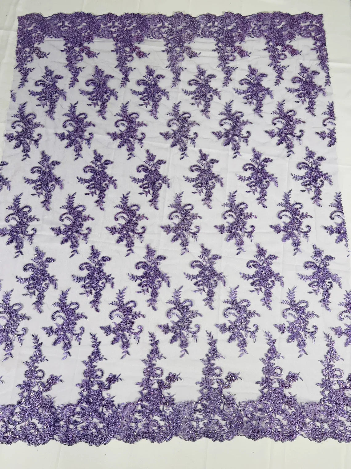 Lace Flower Cluster Fabric - Lilac - Embroidered Flower With Sequins on a Mesh Lace Fabric By Yard