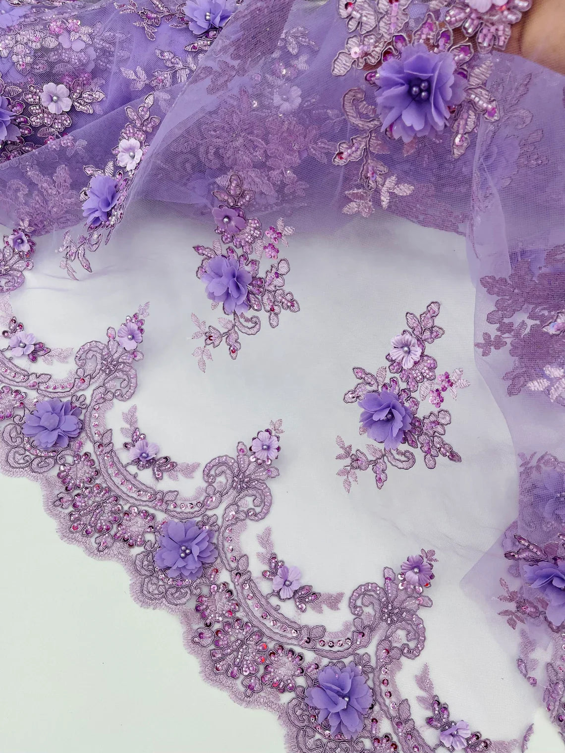 3D Floral Pearl Design - Lilac - Floral Embroidered Pearls and Sequins Fabric By Yard