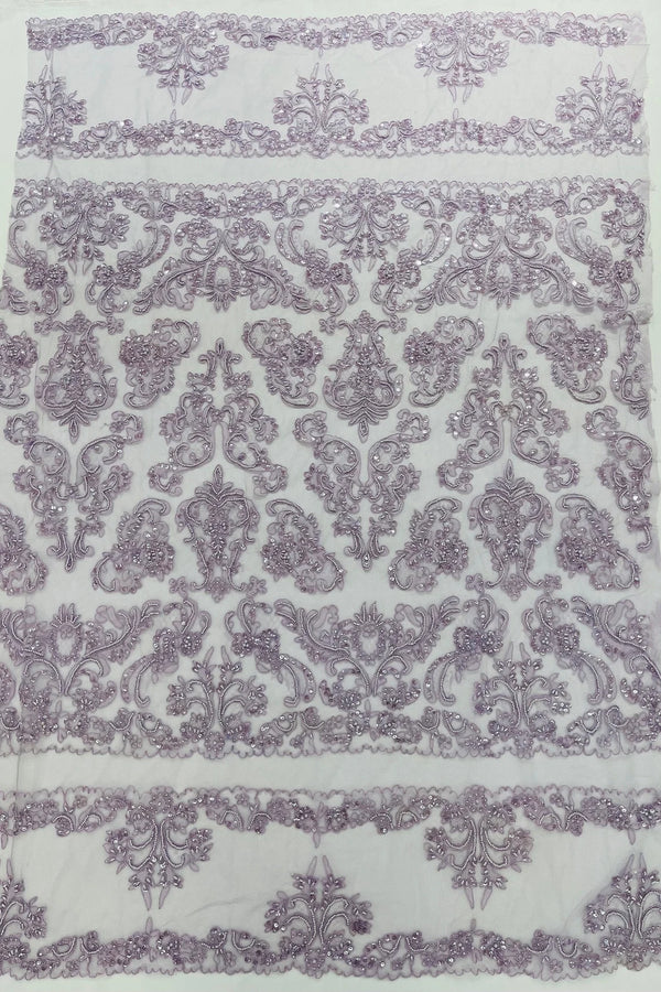 Beaded My Lady Damask Design - Lilac - Beaded Fancy Damask Embroidered Fabric By Yard