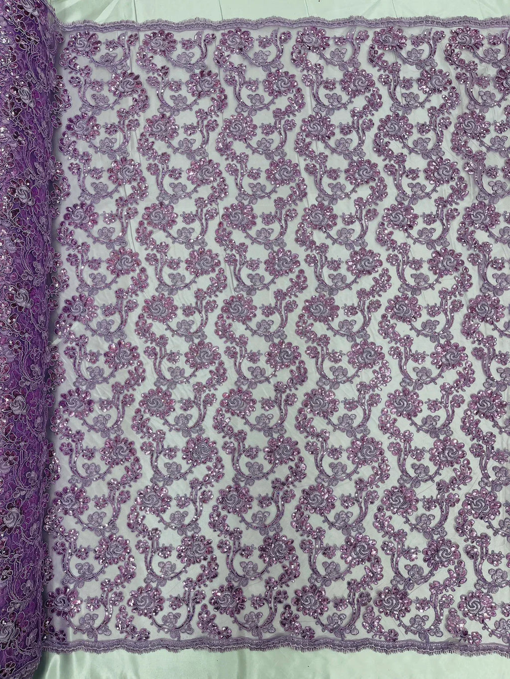 Corded Sequins Flower Lace - Lilac - Corded Floral Lace With Sequins Sold By Yard