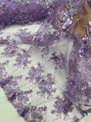 3D Flower Sequins Design - Lilac - Embroidered Pearl Sequins Floral Clusters Lace Fabric By Yard