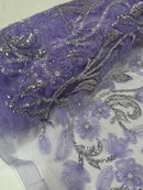 3D Tulle Flower Bead Fabric - Lilac - Mesh Flower Plant Design with Beads By Yard