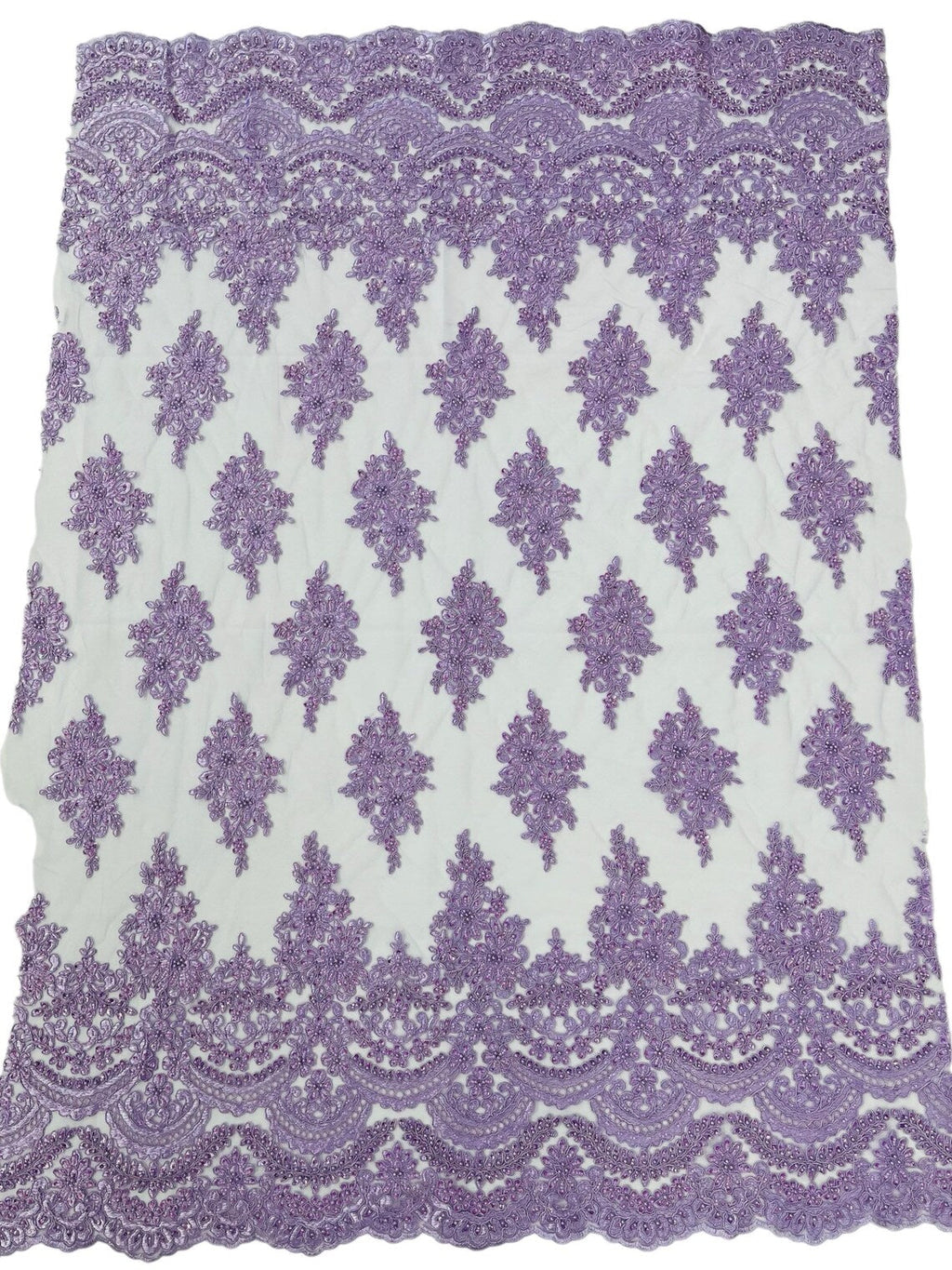 Beaded Flower Cluster Fabric - Lilac - Embroidered Beaded Fancy Border Floral Fabric Sold By Yard