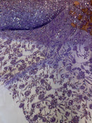 Beaded Floral Plant Design - Lilac - Embroidered Beaded Flower Plants Sequins Fabric By Yard