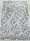 Two Tone Lace Floral Fabric - Lilac - Embroidered Flower Designs with Sequins on Lace Fabric Sold By Yard