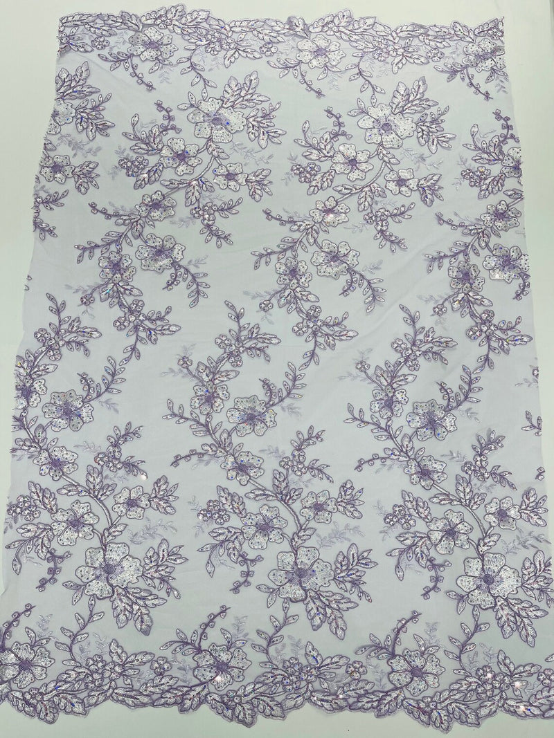 Two Tone Lace Floral Fabric - Lilac - Embroidered Flower Designs with Sequins on Lace Fabric Sold By Yard