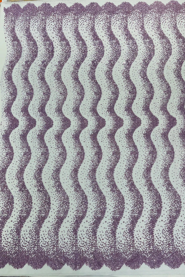 Mermaid Stripe Bead Design - Lilac - Embroidered Beaded Mermaid Theme Mesh Fabric by Yard