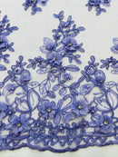 3D Embroidered Floral Fabric - Lilac - 3D Rhinestone and Sequins Floral Fabric Sold By Yard