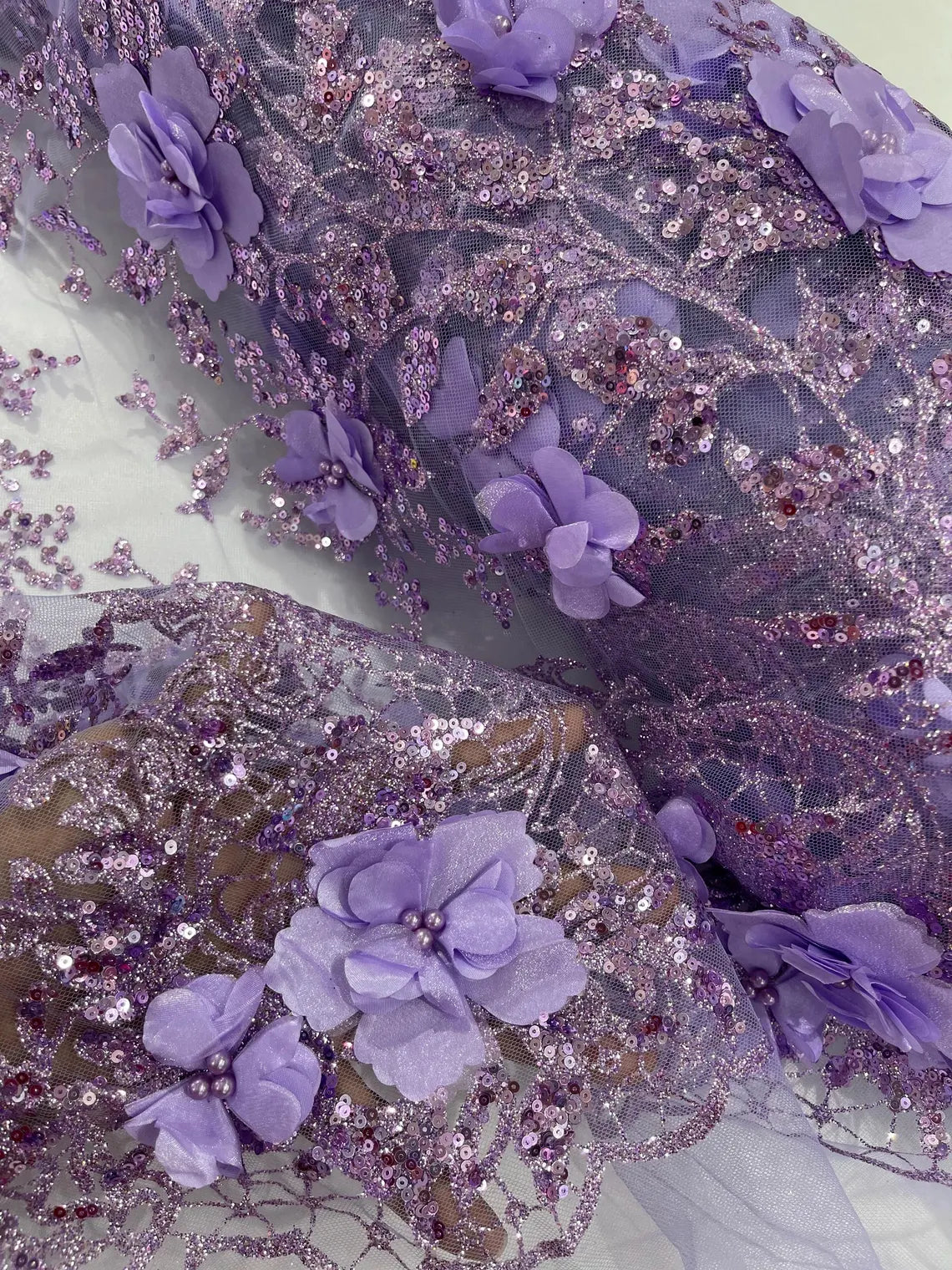 3D Big Flower Glitter Fabric - Lilac - Floral Glitter Sequin Design on Lace Mesh Fabric by Yard