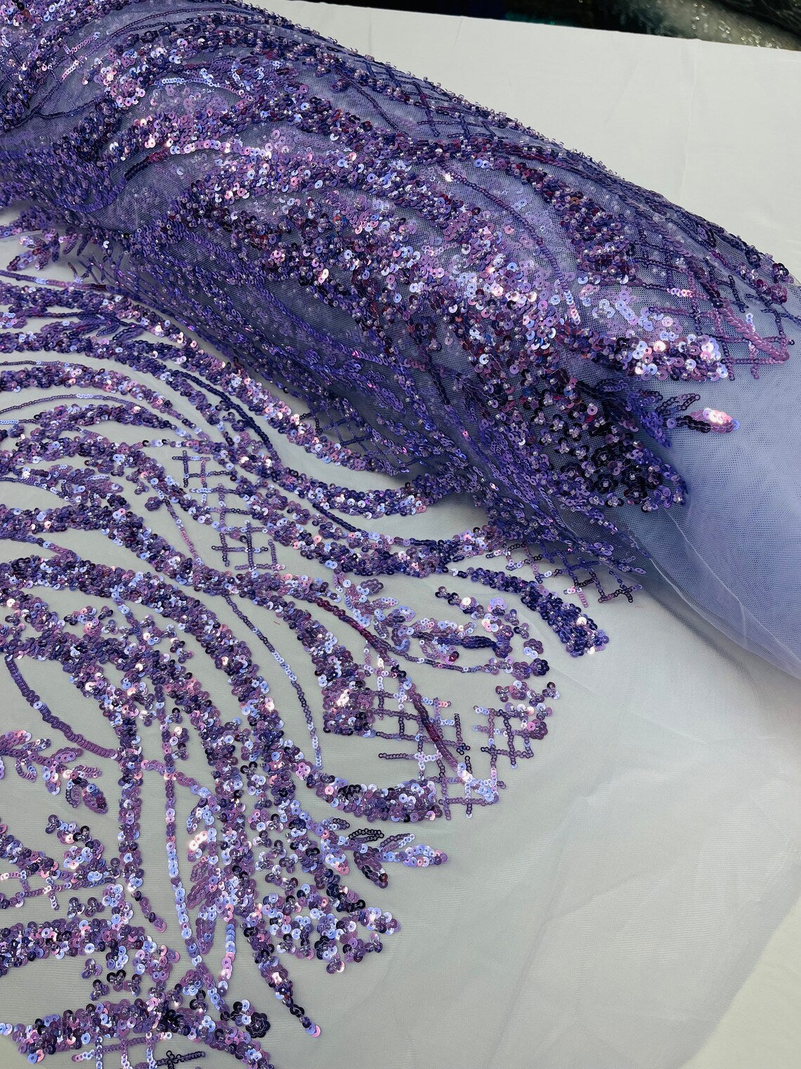 Floral Beaded Wavy Fabric - Lilac - Beaded Sequins Wavy Embroidered Fabric Sold By Yard