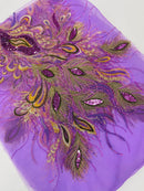 Peacock Feathers Lace Fabric - Lilac - Peacock Feather Design on Lace Mesh Fabric Sold by Panel