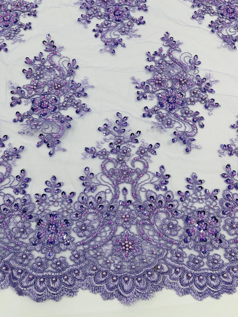 Floral Pearl Bead Fabric - Lilac - Flower Design with Beads and Sequins Fabric Sold By Yard