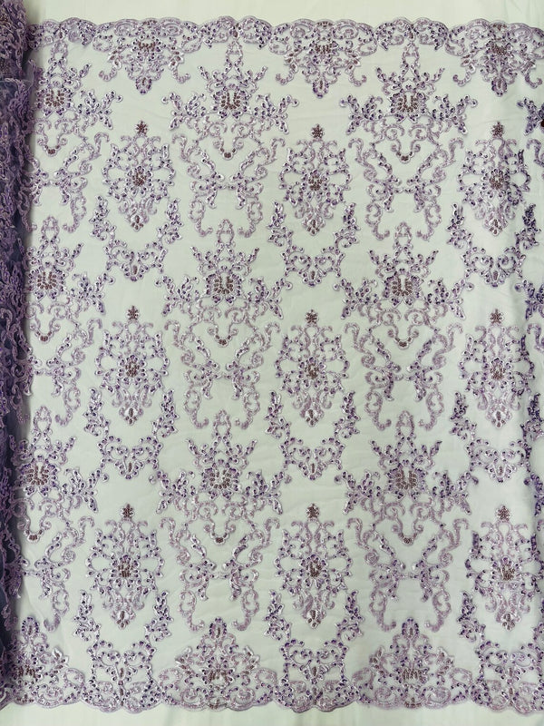 Butterfly Bead Sequins Fabric - Lilac - Damask Beaded Sequins Lace Fabric by the yard