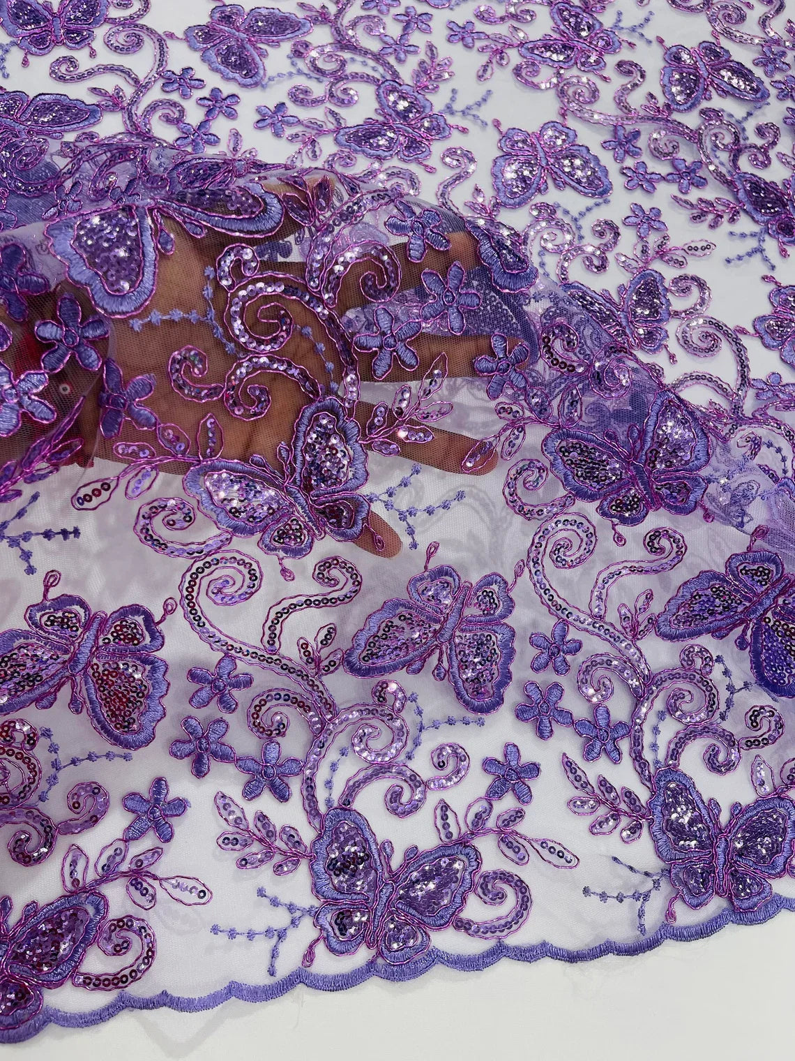 Butterfly Swirl Lace Fabric - Lilac - Metallic Sequins Design on Lace Fabric By Yard