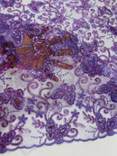 Butterfly Swirl Lace Fabric - Lilac - Metallic Sequins Design on Lace Fabric By Yard