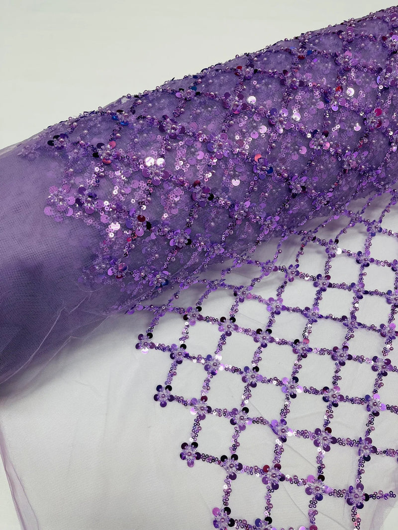 Beaded Diamond Net Fabric - Lilac - Embroidered Geometric Beaded Sequins Fabric Sold By Yard
