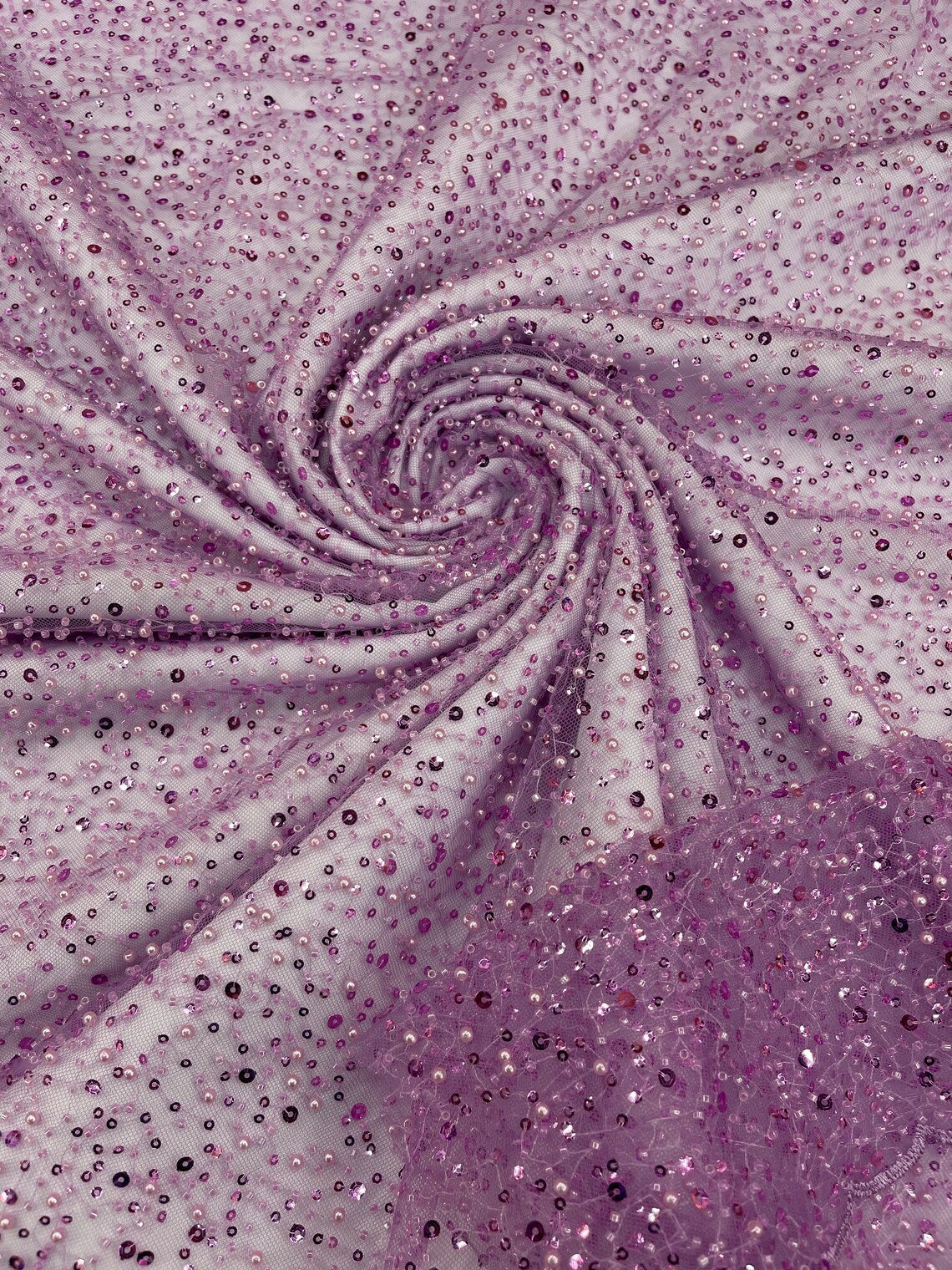 3D Beaded Mesh Fabric - Lilac - Embroidered Beaded Lace Mesh Fabric with Small Sequins Sold By Yard
