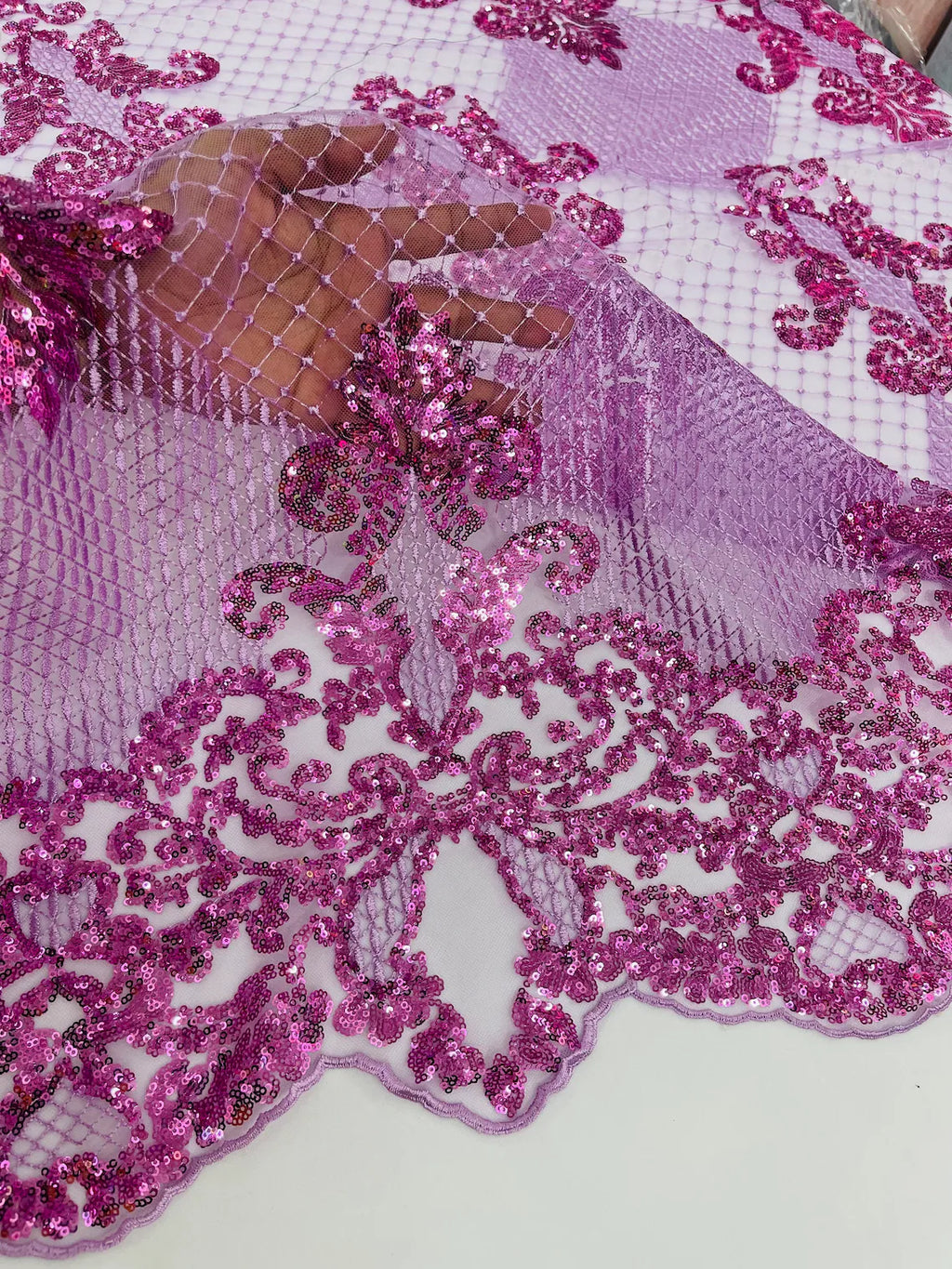 King Damask Design Fabric - Lilac - Embroidered Corded Mesh Lace Fabric with Sequins By Yard