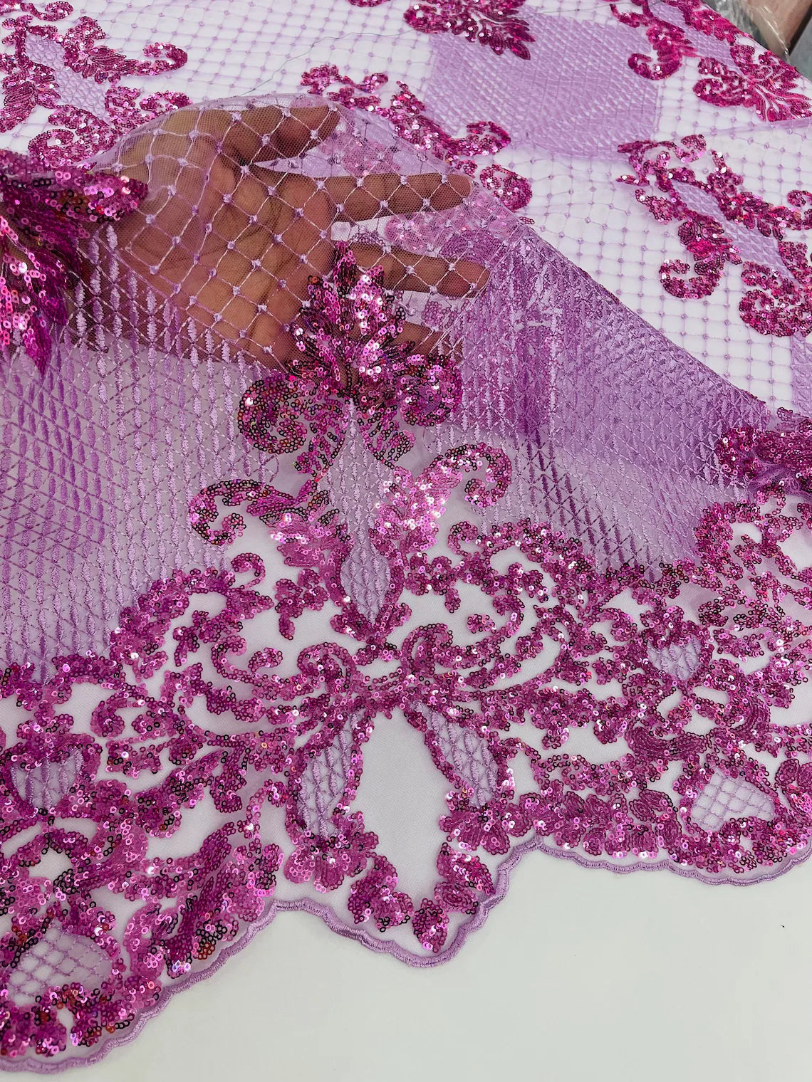 King Damask Design Fabric - Lilac - Embroidered Corded Mesh Lace Fabric with Sequins By Yard