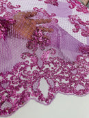 King Damask Design Fabric - Lilac - Embroidered Corded Mesh Lace Fabric with Sequins By Yard