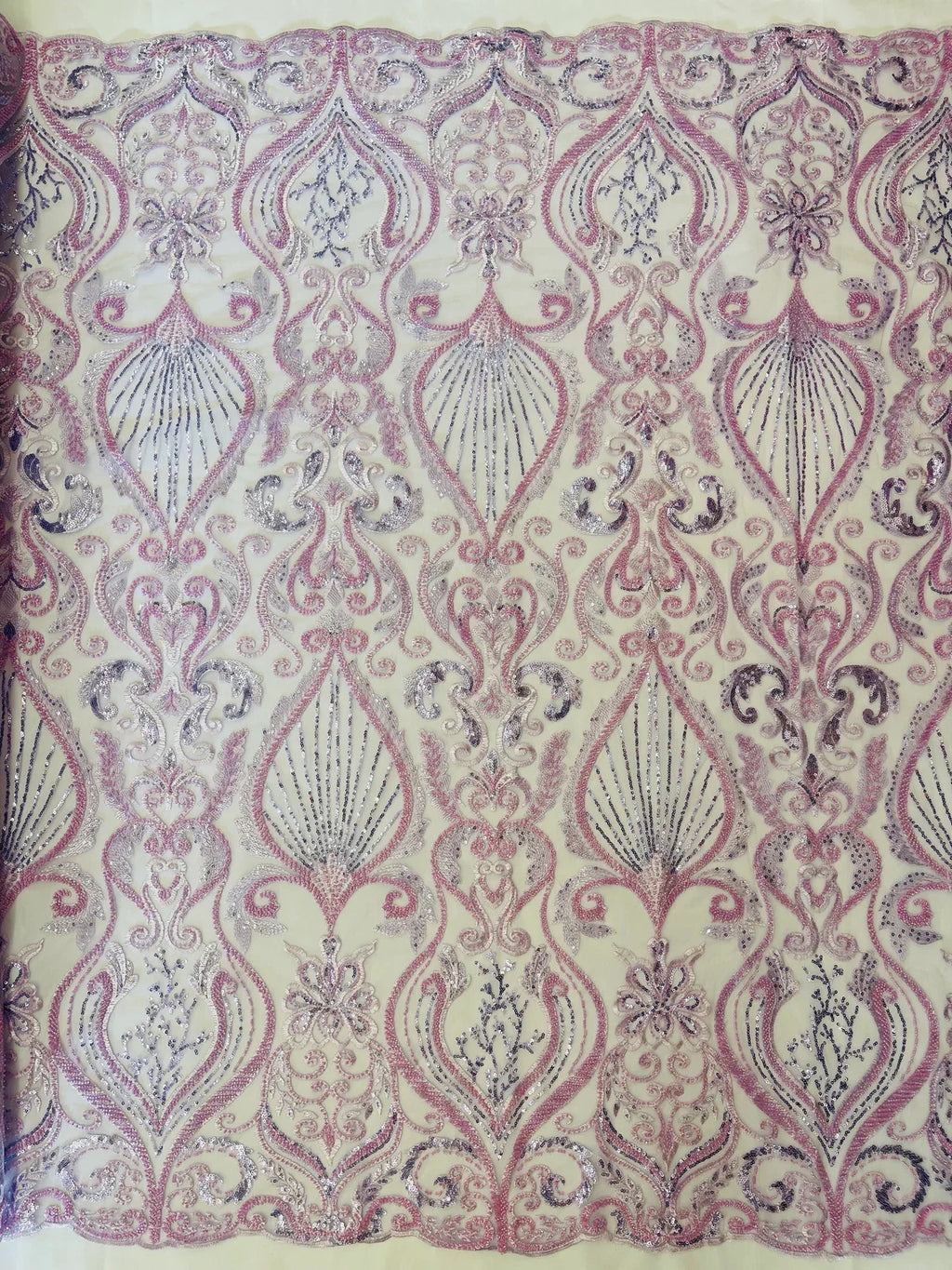 Damask Leaf Bead Fabric - Lilac - Heavy Beaded Embroidered Sequins Lace Fabric by Yard