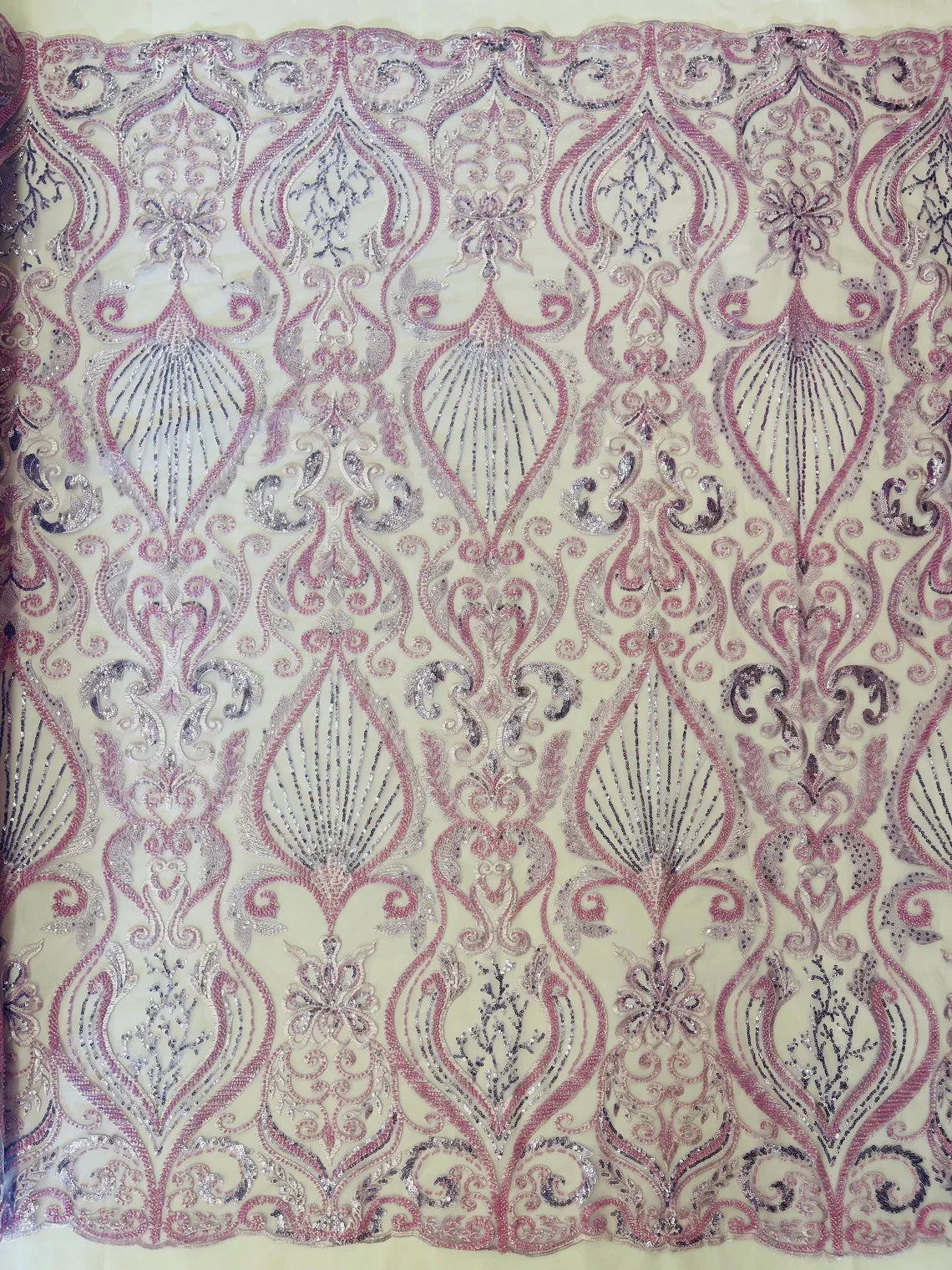 Damask Leaf Bead Fabric - Lilac - Heavy Beaded Embroidered Sequins Lace Fabric by Yard
