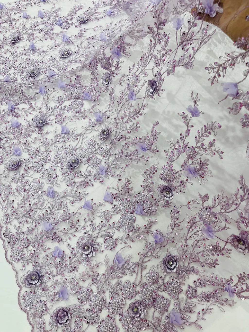 3D Flower Rhinestone Design - Lilac - Embroidered Flower Sequins Lace Fabric By Yard