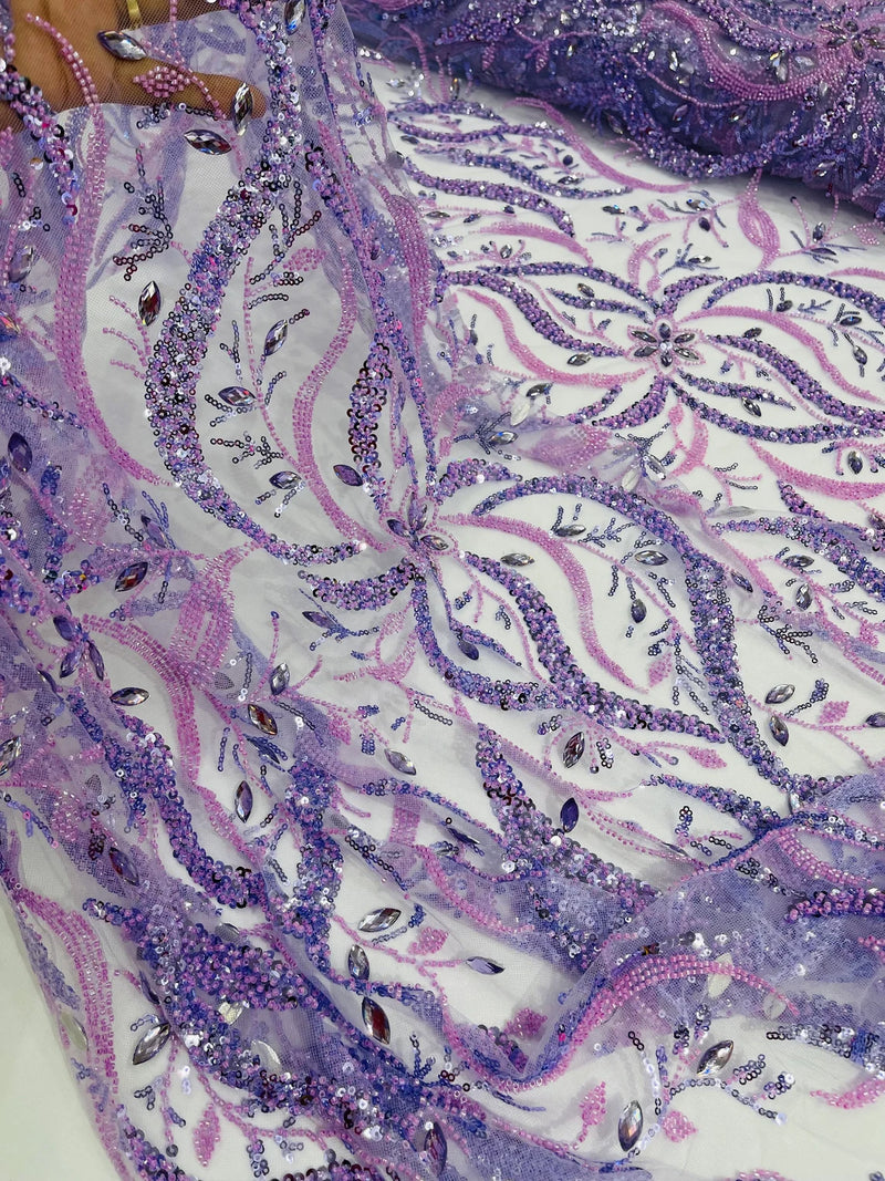 Wavy Leaf / Floral Bead Fabric - Lilac - Beaded Rhinestone Embroidered on a Mesh By Yard