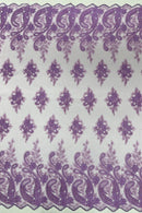 Metallic Corded Lace - Lilac - Paisley Floral Fabric with Metallic Thread on a Mesh Lace By Yard