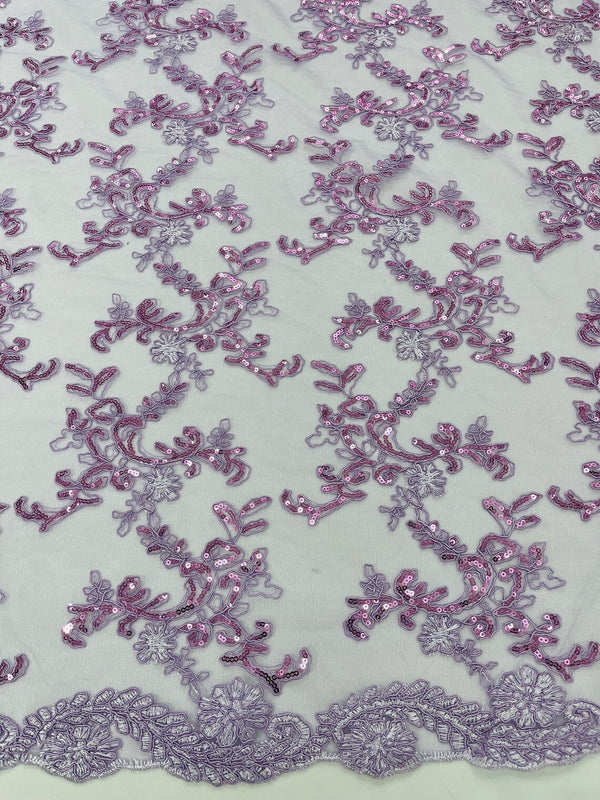 Floral Sequins Lace Fabric - Lilac - Embroidery Flower Clusters Design with Shiny Sequins  Fabric Sold By Yard