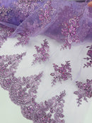 Beaded Floral Fabric - Lilac - Floral Cluster Design Fabric with Damask Border by Yard
