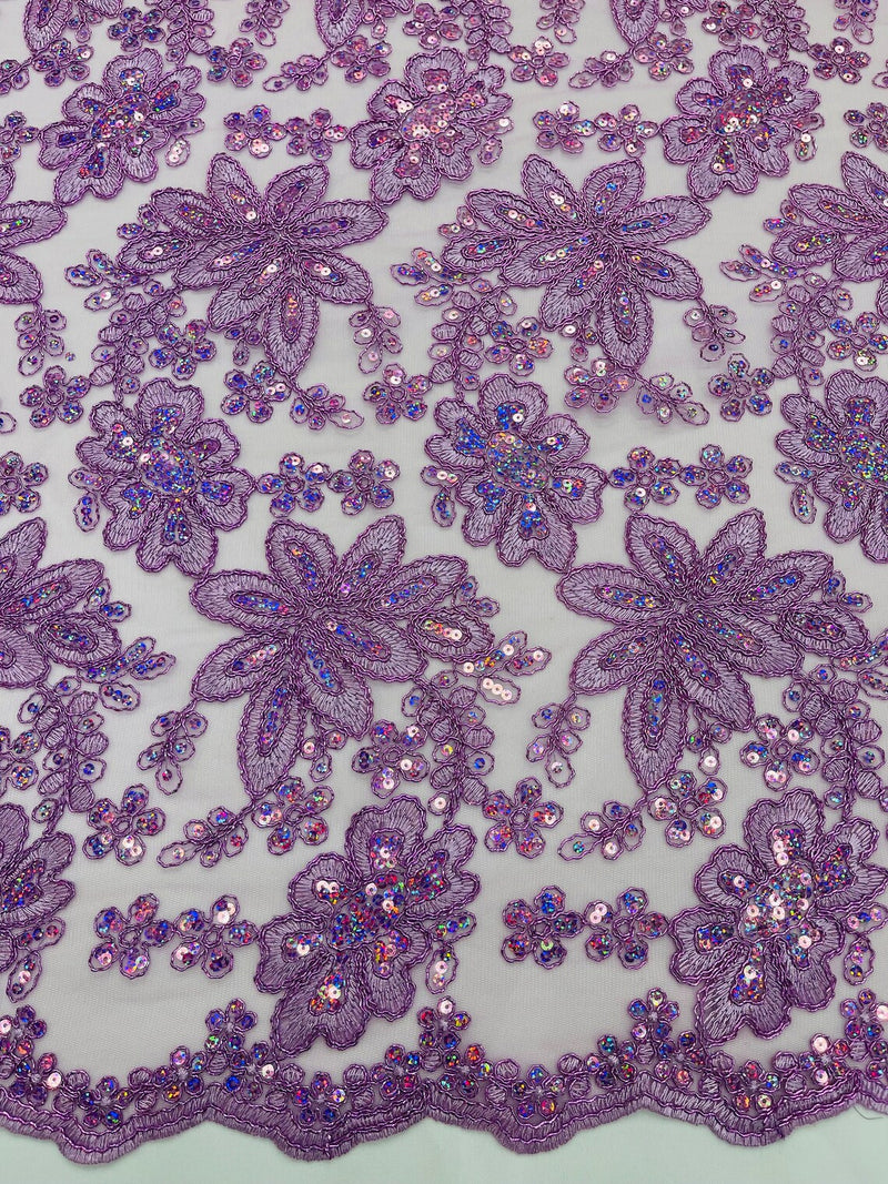 Corded Lace Floral Fabric - Lilac - Hologram Sequins Metallic Thread Floral Fabric by Yard