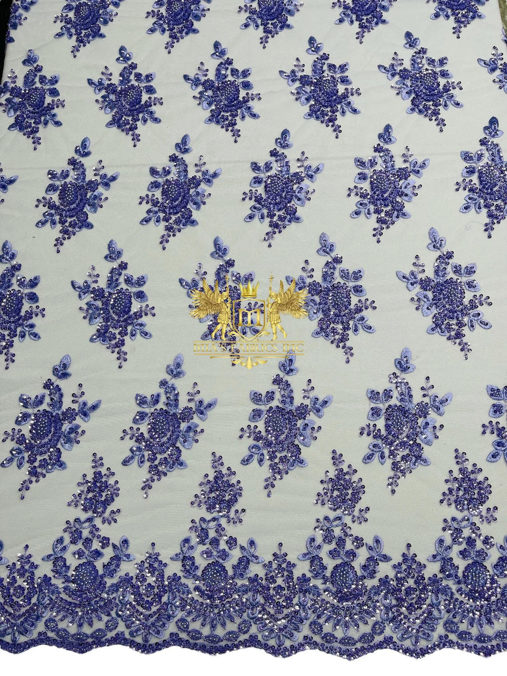 Floral Beaded Fabric - Lilac - Embroidered Beaded Flowers Cluster Design on a Mesh Sold By Yard