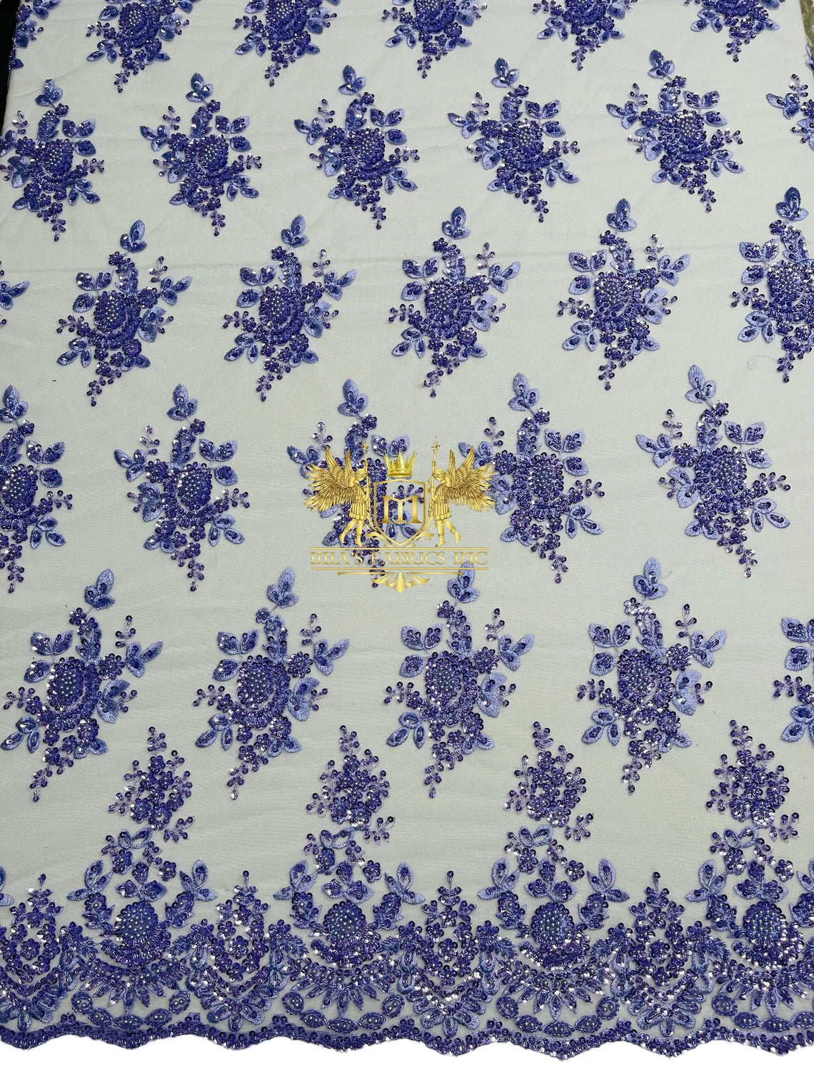 Floral Beaded Fabric - Lilac - Embroidered Beaded Flowers Cluster Design on a Mesh Sold By Yard