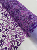Fancy Wavy Leaf Bead Fabric - Lilac - Leaf Line Beaded Design Embroidered Mesh By Yard