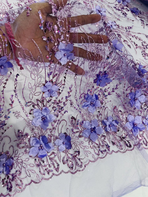 3D Glitter Floral Design Fabric - Lilac - Floral Line Design Embroidered Sequins Fabric by Yard