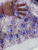 3D Glitter Floral Design Fabric - Lilac - Floral Line Design Embroidered Sequins Fabric by Yard