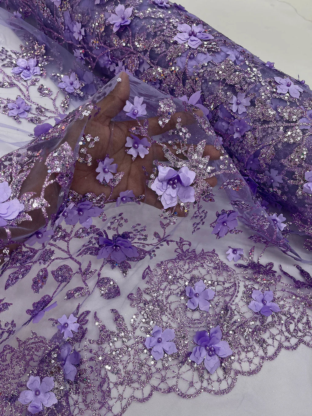 Lavender Purple Floral Sequin Embroidered Tulle Lace Fabric
