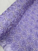 Satin Rosette Sequins Fabric - Lilac - 3D Rosette Satin Rose Fabric with Sequins By Yard