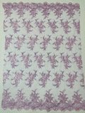Floral Plant Lace Fabric - Lilac - Flower Plant Design Lace Sequins Fabric Sold By Yard