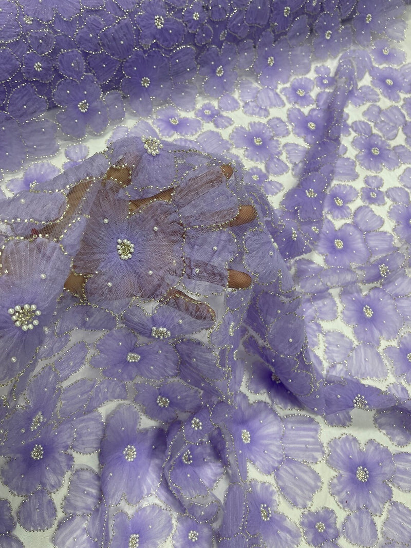 3D Tulle Floral Fabric - Lilac - Flowers Made on Mesh with Small Pearls and Beads Sold By Yard