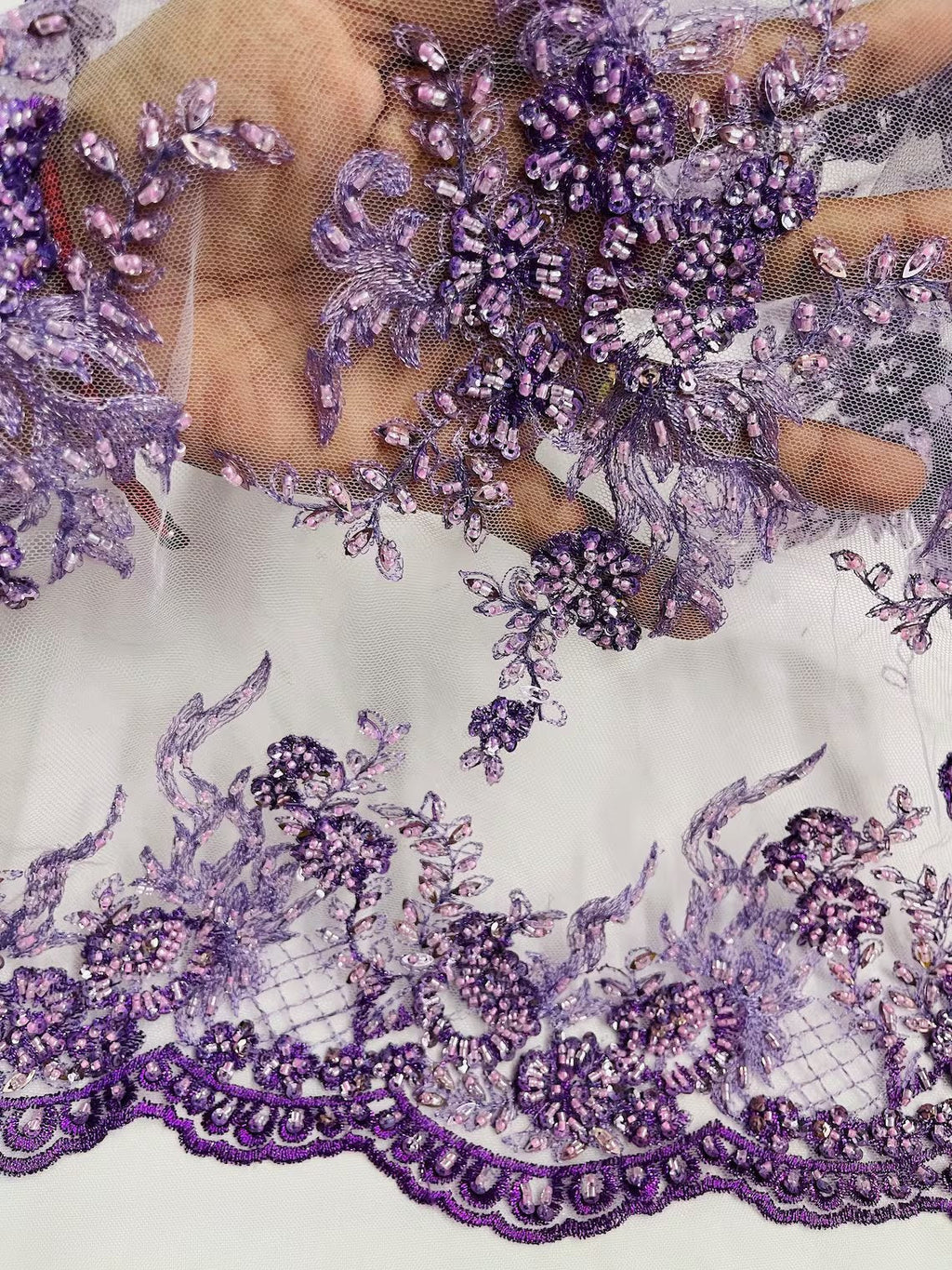 Floral Leaf Beaded Fabric - Lilac - Embroidered Flower Leaf Design Beaded Fabric By Yard