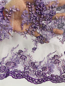 Floral Leaf Beaded Fabric - Lilac - Embroidered Flower Leaf Design Beaded Fabric By Yard