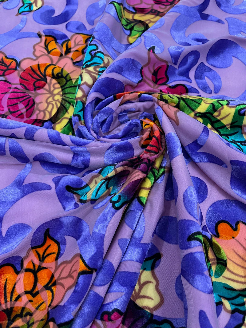 Burnout Floral Velvet Fabric - Lilac - MultiColor Floral Print Velvet Fabric By Yard