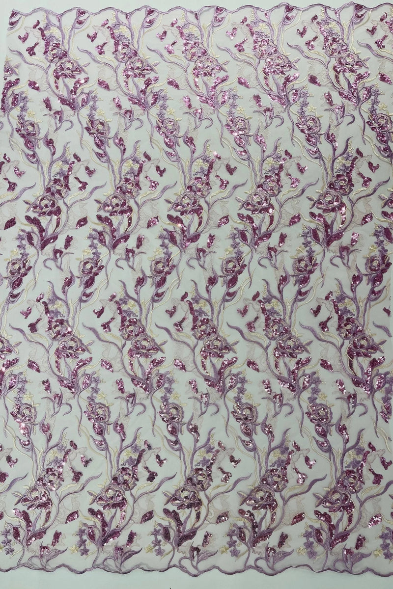 Floral Multi-Color Fabric - Lilac - Flower and Leaves Lace Sequins Fabric Sold By Yard